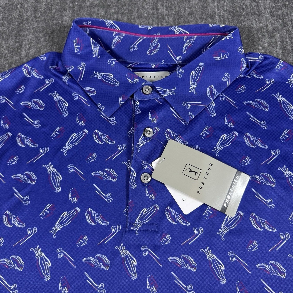 PGA Tour Men's Golf Polo LT Large Tall Blue Print UPF 40 Moisture Wicking NWT